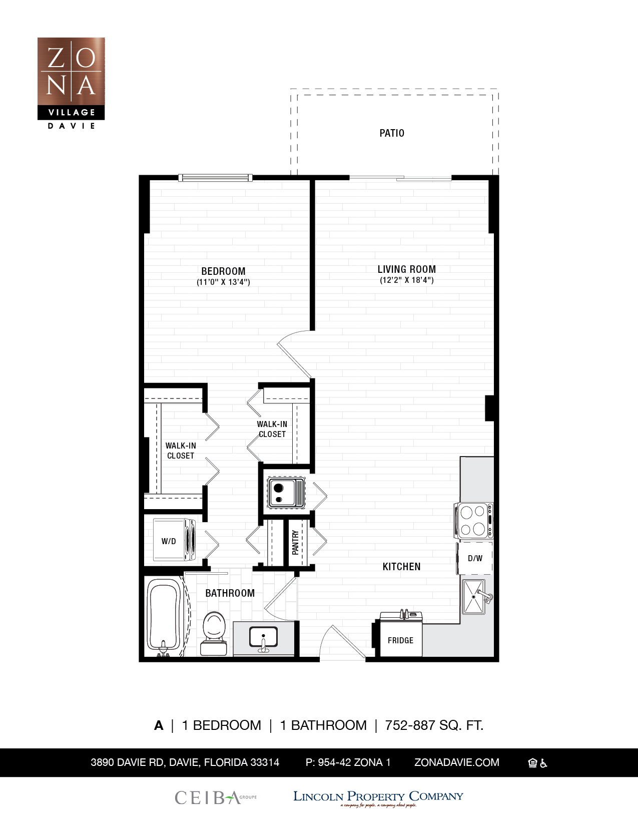 Floor plan for 1 bed, 1 bath, 887 sqft
